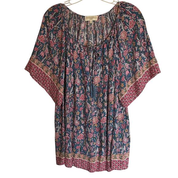Cynthia Rowley Peasant Top Womens Size 1X Dusty Blue & Pink Floral Flowy Boho - Picture 1 of 7
